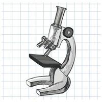 Hand drawn vintage sketch of grayscale scientific microscope on grid notebook background, isolated illustration for school vector
