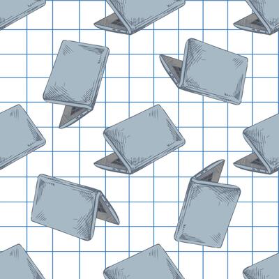 Hand drawn vintage seamless pattern of laptop computers in color on grid notebook background for school and tech