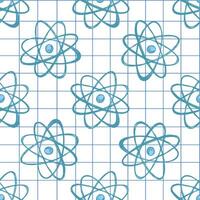 Hand drawn seamless pattern of atomic model sketch in blue color on grid notebook background, illustration vector