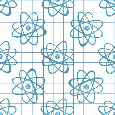 Hand drawn seamless pattern of atomic model sketch in blue color on grid notebook background, illustration
