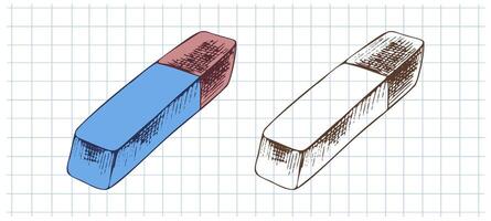 Hand drawn vintage sketch of two erasers in color and monochrome version on grid notebook background, illustration vector