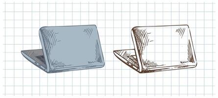 Hand drawn vintage sketch of open laptop computer in blue color with notebook grid, set with monochrome version vector