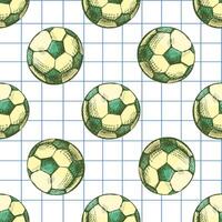 Hand drawn vintage seamless pattern of soccer balls in yellow and green on grid notebook background, sketch vector