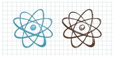 Hand drawn vintage sketch of atomic model in blue and brown color on grid notebook background, illustration set vector