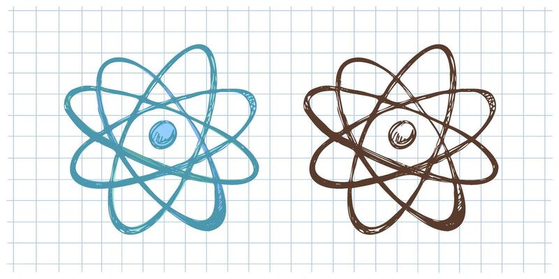 Hand drawn vintage sketch of atomic model in blue and brown color on grid notebook background, illustration set