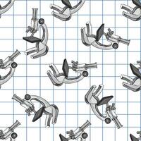Hand drawn vintage seamless pattern of scientific microscopes in grayscale on grid notebook background, illustration vector