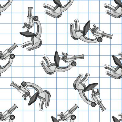 Hand drawn vintage seamless pattern of scientific microscopes in grayscale on grid notebook background, illustration