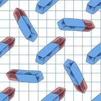 Hand drawn vintage seamless pattern of blue and red pencil erasers on grid paper background, colorful vector