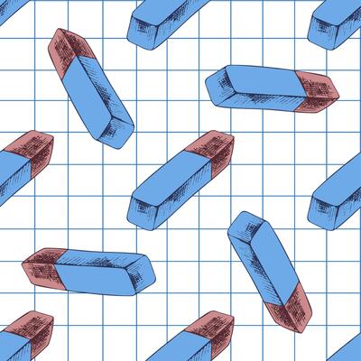 Hand drawn vintage seamless pattern of blue and red pencil erasers on grid paper background, colorful