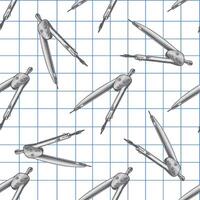 Hand drawn vintage seamless pattern of metal compass for geometry on blue grid notebook background, gray illustration vector