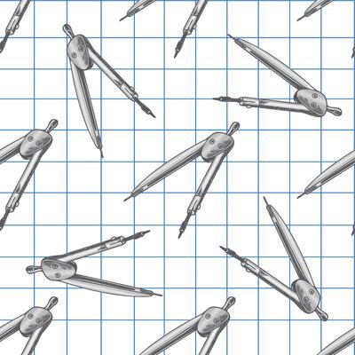 Hand drawn vintage seamless pattern of metal compass for geometry on blue grid notebook background, gray illustration