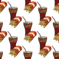Hand drawn vintage seamless pattern of soda drinks and French fries in red pack, colorful background vector