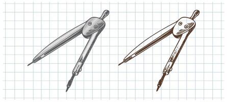 Hand drawn vintage sketch of metal compass in color and monochrome version on grid notebook background vector