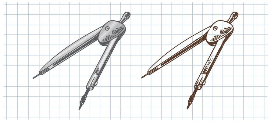 Hand drawn vintage sketch of metal compass in color and monochrome version on grid notebook background