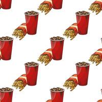 Hand-drawn vintage seamless pattern of fizzy drink in red cup and fries on white background, illustration vector