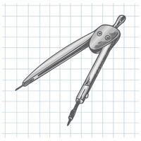 Hand drawn vintage sketch of metal compass for geometry and technical drawing on grid notebook background, grayscale vector
