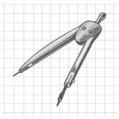 Hand drawn vintage sketch of metal compass for geometry and technical drawing on grid notebook background, grayscale