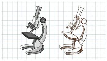 Hand drawn vintage sketch of classic microscope in grayscale and monochrome version on grid notebook background vector