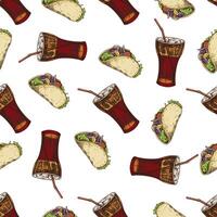 Hand drawn vintage seamless pattern of tacos and fizzy drinks in glass with straw, colorful background vector
