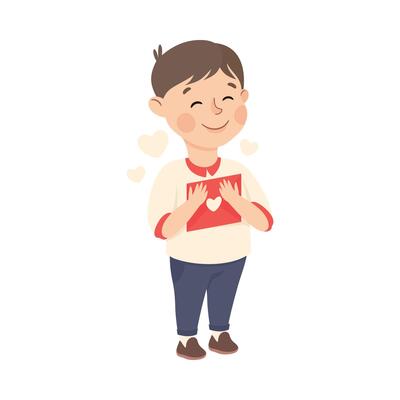 Cute Happy Boy Holding Love Letter, Adorable Child Character with Romance Feelings Symbols, Happy Valentines Day Concept Cartoon Illustration