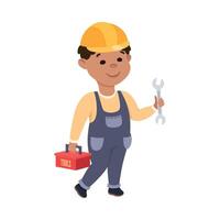 Cute Builder with Tools Box and Wrench, Little Boy in Hard Hat and Blue Overalls with Construction Tools Cartoon Style Illustration vector