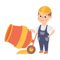 Cute Builder with Concrete Mixer, Little Boy in Hard Hat and Blue Overalls with Construction Tools Cartoon Style Illustration vector