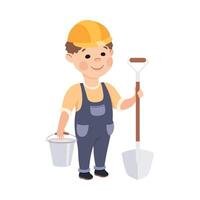 Cute Builder with Spade and Bucket, Little Boy in Hard Hat and Blue Overalls with Construction Tools Cartoon Style Illustration vector