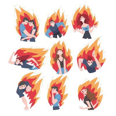 Burning People Set, Stressed Men and Women on Flame, Burnout, Emotional Problems Concept Cartoon Style Illustration