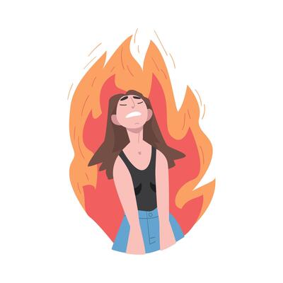 Furious Girl in Flame, Burning Fury, Stress, Burnout, Emotional Problems Concept Cartoon Style Illustration