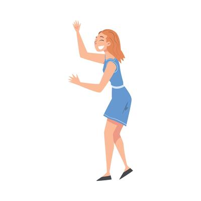 Happy Smiling Girl Giving High Five, Meeting, Agreement or Joy Expression Concept Cartoon Style Illustration
