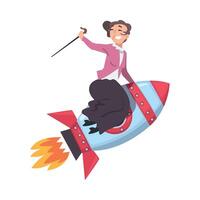 Happy Mature Woman with Walking Cane Flying on Space Rocket, Leadership, Competition Concept Cartoon Style Illustration vector