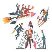 Business Team Launching Space Rocket and Flying into the Sky, Leadership, Competitive Advantage, Successful Startup Business Concept Cartoon Style Illustration vector