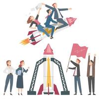 Business Team Building Space Rocket and Flying into the Sky, Leadership, Competitive Advantage, Successful Startup Business Concept Cartoon Style Illustration vector