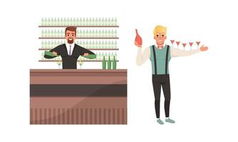 Man Bartender at Work Standing at the Bar Counter Surrounded by Bottles and Glasses Illustration Set vector