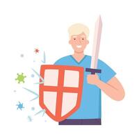 Young Male with Shield and Sword Fighting with Pathogen and Germs Illustration vector