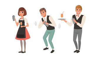 Bartender Man and Woman Character with Bow Tie Shaking Alcoholic Drinks Set vector