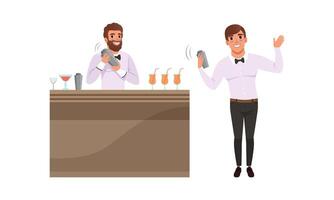 Man Bartender at Work Standing at the Bar Counter Shaking and Mixing Beverages Illustration Set vector