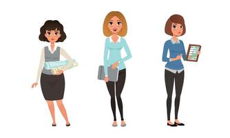 Female Character in Formal Clothing with Rolled Blueprint and Document Folder Illustration Set vector