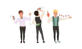 Handsome Bartender Man Character with Bow Tie Shaking Alcoholic Drinks Set vector