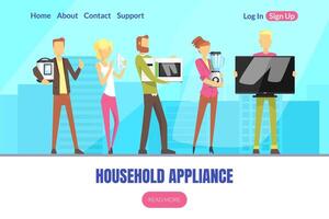 People Characters Standing in Queue Making Purchases at Household Devices Department Store Landing Page Design vector