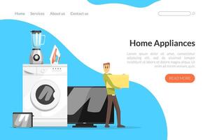 Happy Man Character Purchasing at Household Devices Department Store Landing Page Design vector