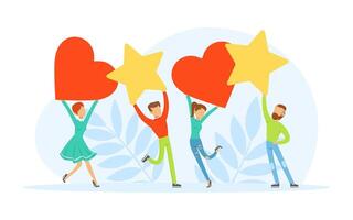 Group of People Characters Holding Star and Heart and Jumping with Joy Illustration vector