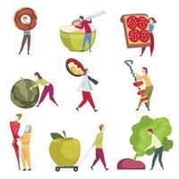 Little People Characters Holding and Carrying Foodstuff Like Doughnut and Sandwich Illustration Set vector