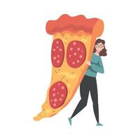 Tiny Woman with Huge Slice of Pizza Illustration vector