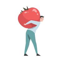 Little Man Carrying Huge Ripe Tomato on His Back Illustration vector