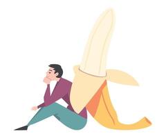Smiling Tiny Man Sitting Leaned Against Banana Fruit Illustration vector