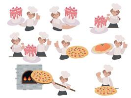 chefs baking cakes and pizzas vector