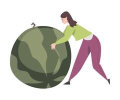 Tiny Female Pushing Huge Juicy Watermelon Illustration vector