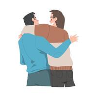 Two Men Hugging, View from Behind, Male Friendship Concept Cartoon Style Illustration vector