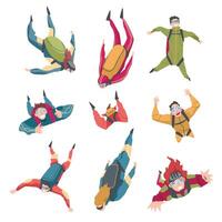 Skydivers Doing Base Jump with Parachutes in Sky, Freefall, Skydiving, Parachuting Extreme Sport Cartoon Style Illustration vector